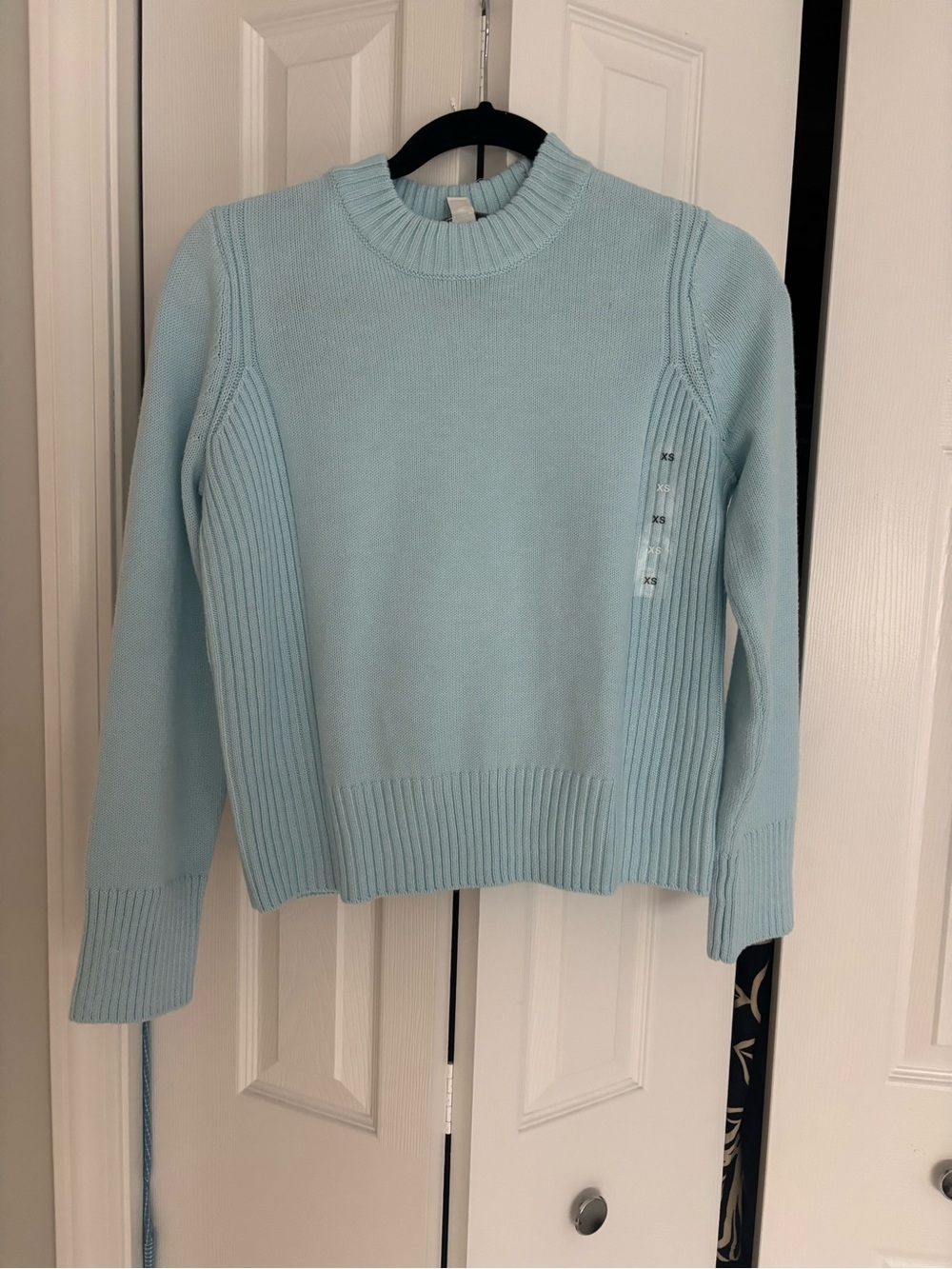 Women’s Light Blue Crewneck Sweater with Ribbed Panels